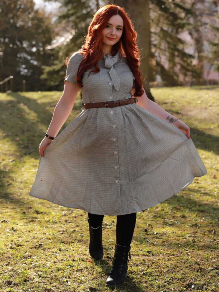 Braun 1940er Kleines Fensterkaro Plaid Kleid