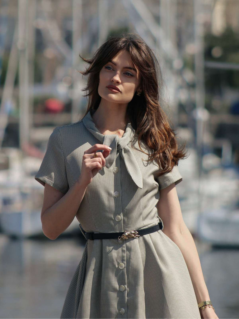 Braun 1940er Kleines Fensterkaro Plaid Kleid