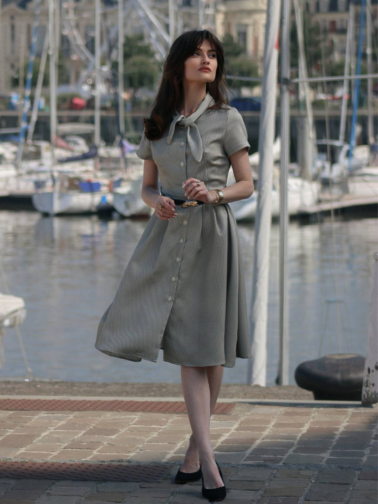 Braun 1940er Kleines Fensterkaro Plaid Kleid