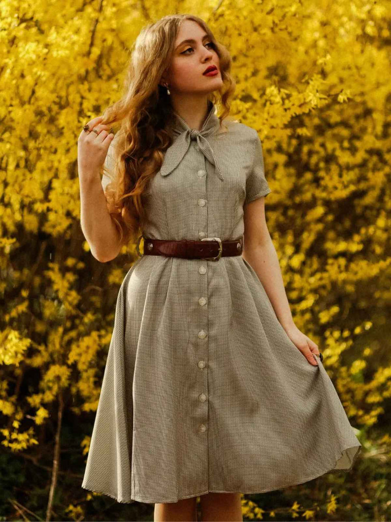 Braun 1940er Kleines Fensterkaro Plaid Kleid
