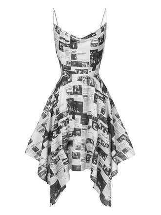 Grau 1970er Spaghetti Träger Zeitung Kleid
