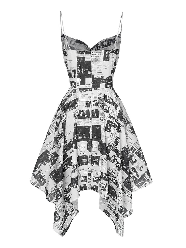 Grau 1970er Spaghetti Träger Zeitung Kleid