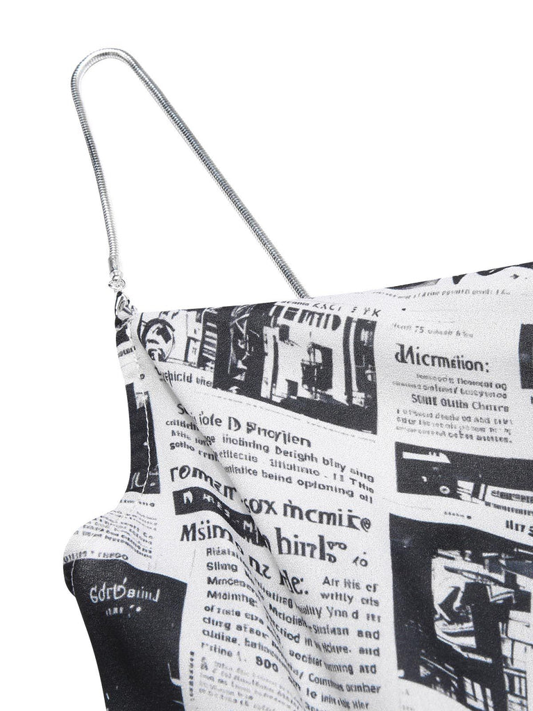 Grau 1970er Spaghetti Träger Zeitung Kleid