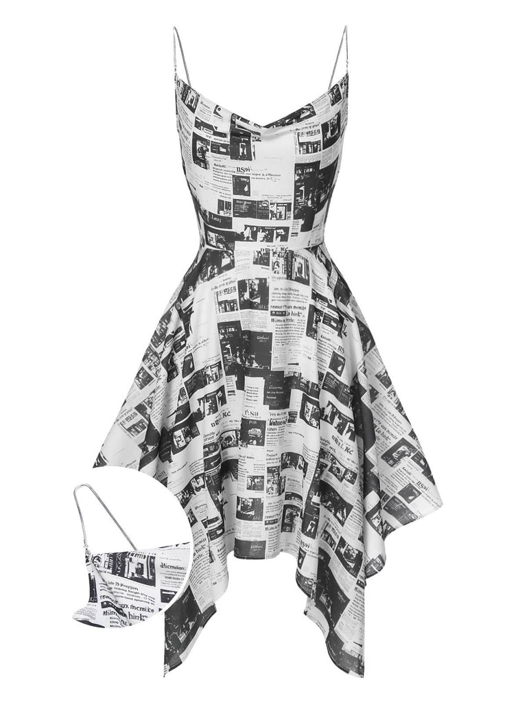 Grau 1970er Spaghetti Träger Zeitung Kleid
