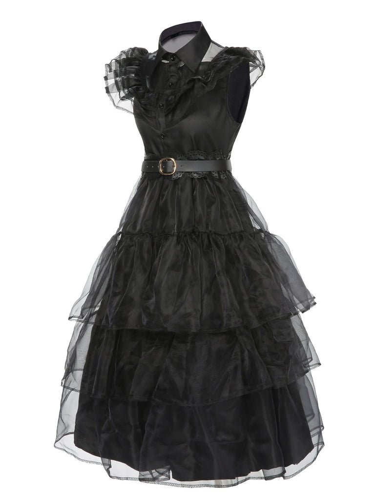 Schwarz 1950er Wednesday Kostüm Solide Gothic Spitze Kleid mit Gürtel