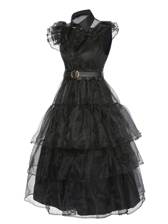 Schwarz 1950er Wednesday Kostüm Solide Gothic Spitze Kleid mit Gürtel