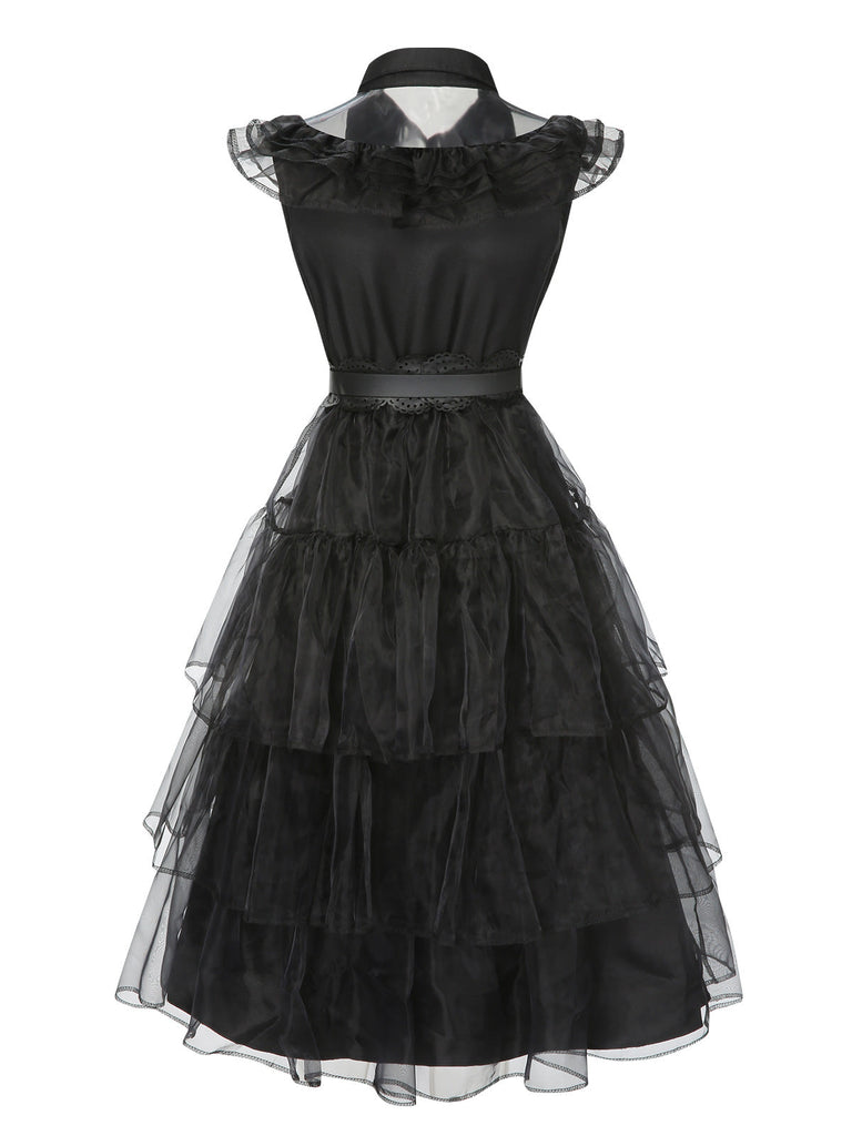 Schwarz 1950er Wednesday Kostüm Solide Gothic Spitze Kleid mit Gürtel