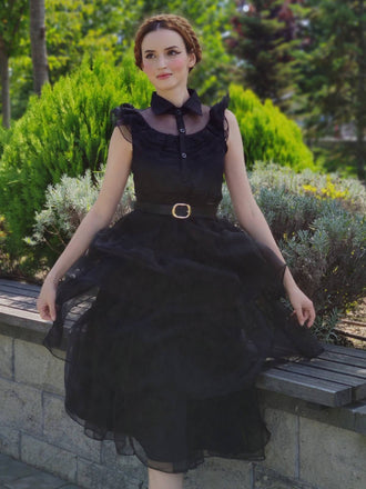 Schwarz 1950er Wednesday Kostüm Solide Gothic Spitze Kleid mit Gürtel