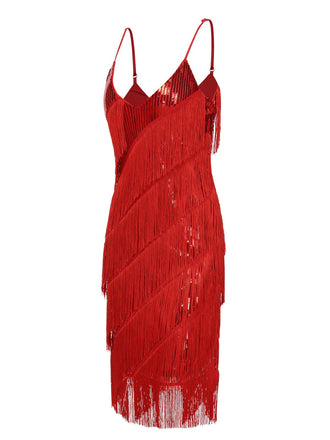 Red 1920er Spaghetti Träger Sequin Fringe Kleid