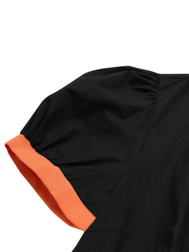 Schwarz 1940er Halloween Peter Pan Kragen Puffärmel Bluse