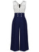 [Übergröße] Dunkelblau 1930er Polka Dot Patchwork Jumpsuit