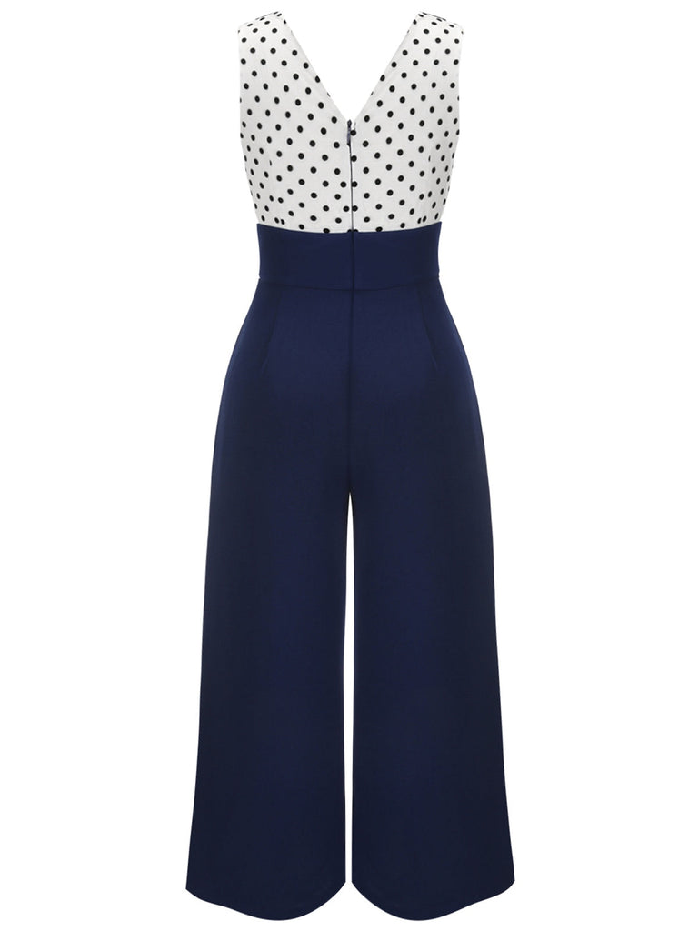 [Übergröße] Dunkelblau 1930er Polka Dot Patchwork Jumpsuit