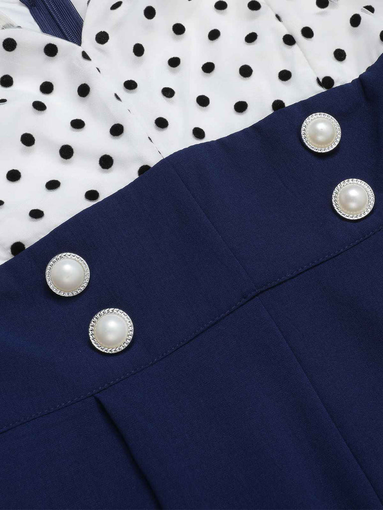 [Übergröße] Dunkelblau 1930er Polka Dot Patchwork Jumpsuit