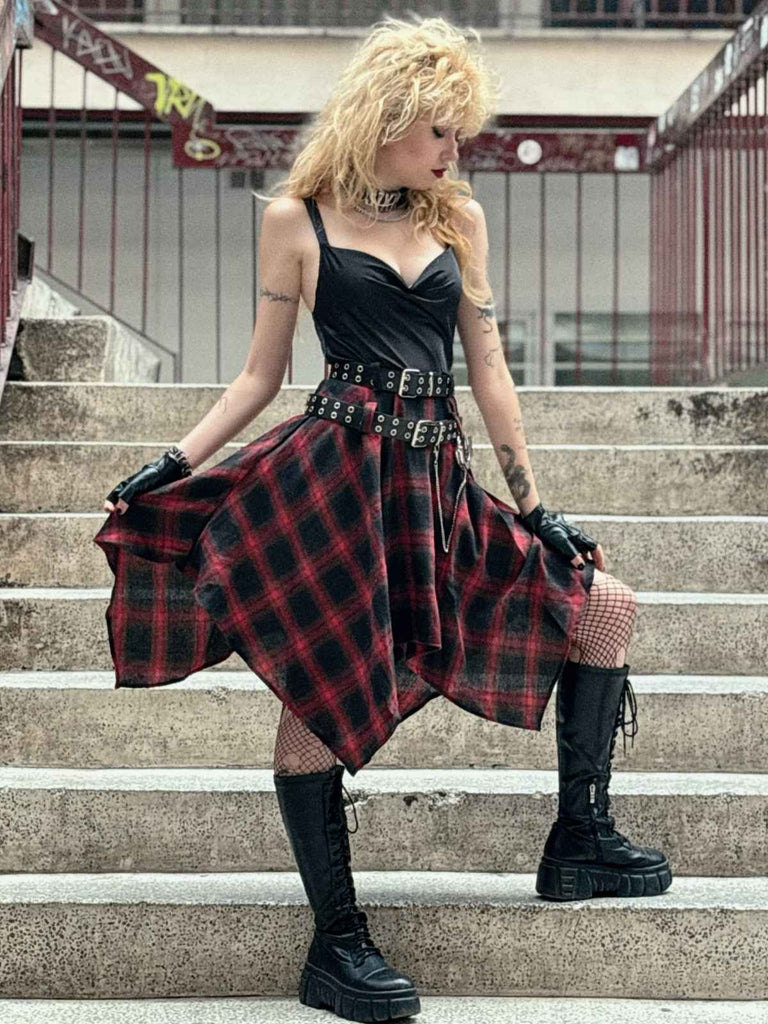 Schwarz 1970er Gingham Plaid Schaukelkragen Kleid