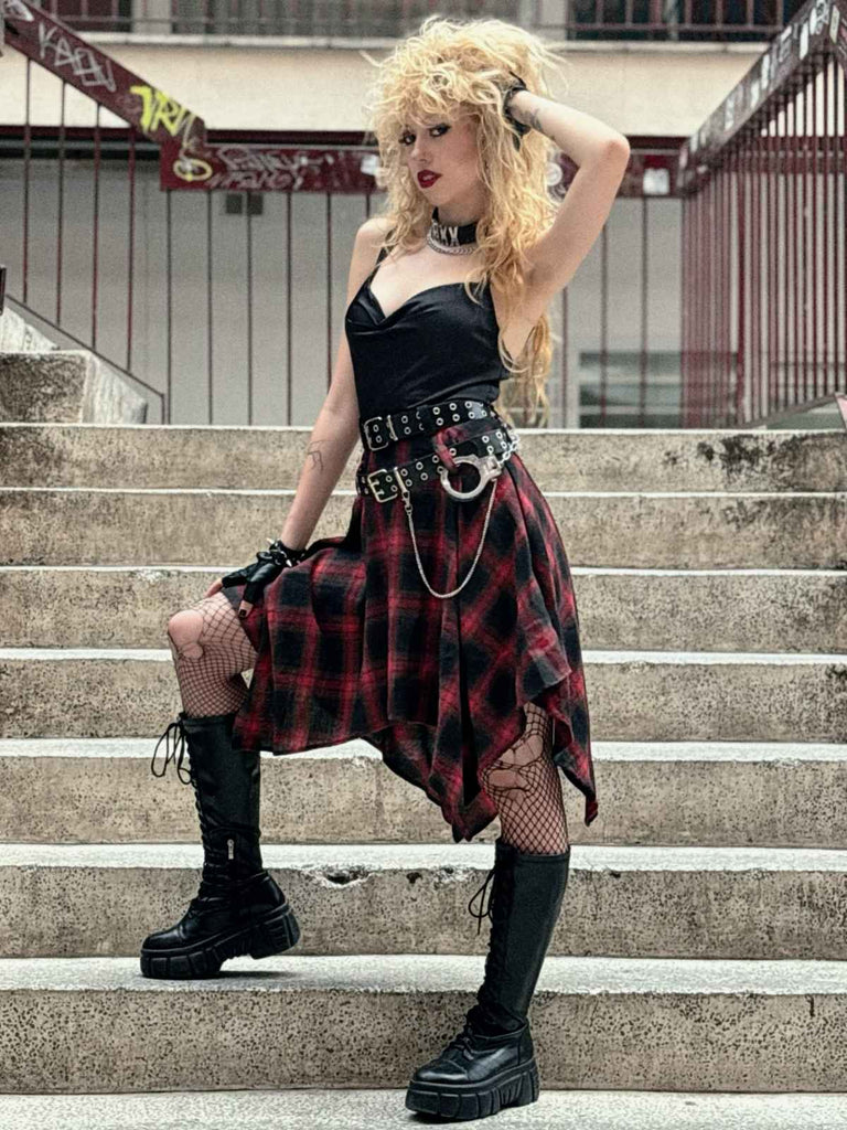 Schwarz 1970er Gingham Plaid Schaukelkragen Kleid