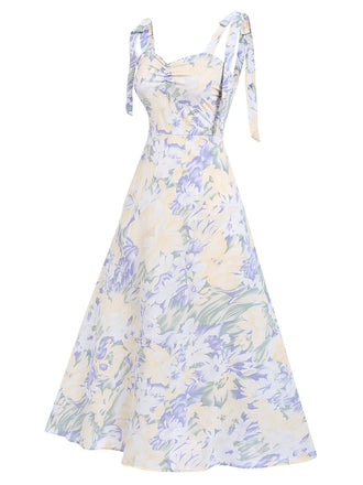 Hellblau 1940er Blumen Schulterbinden Kleid