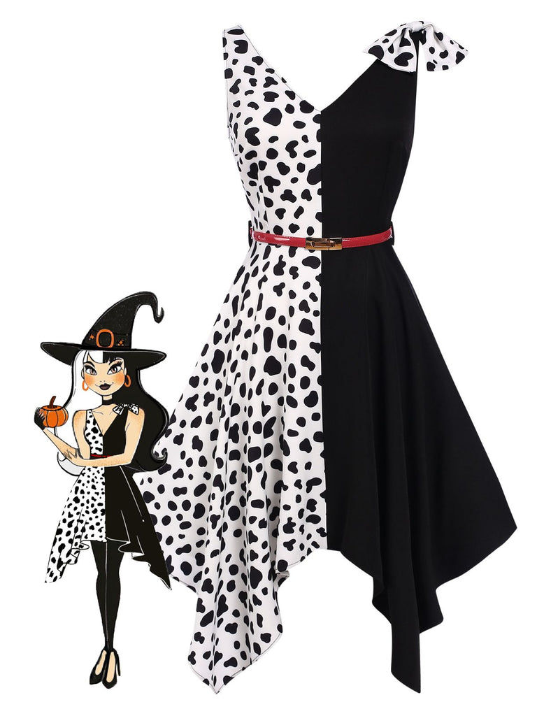 Schwarz 1970er Cruella de Vil Kostüm Kuhflecken Patchwork Kleid