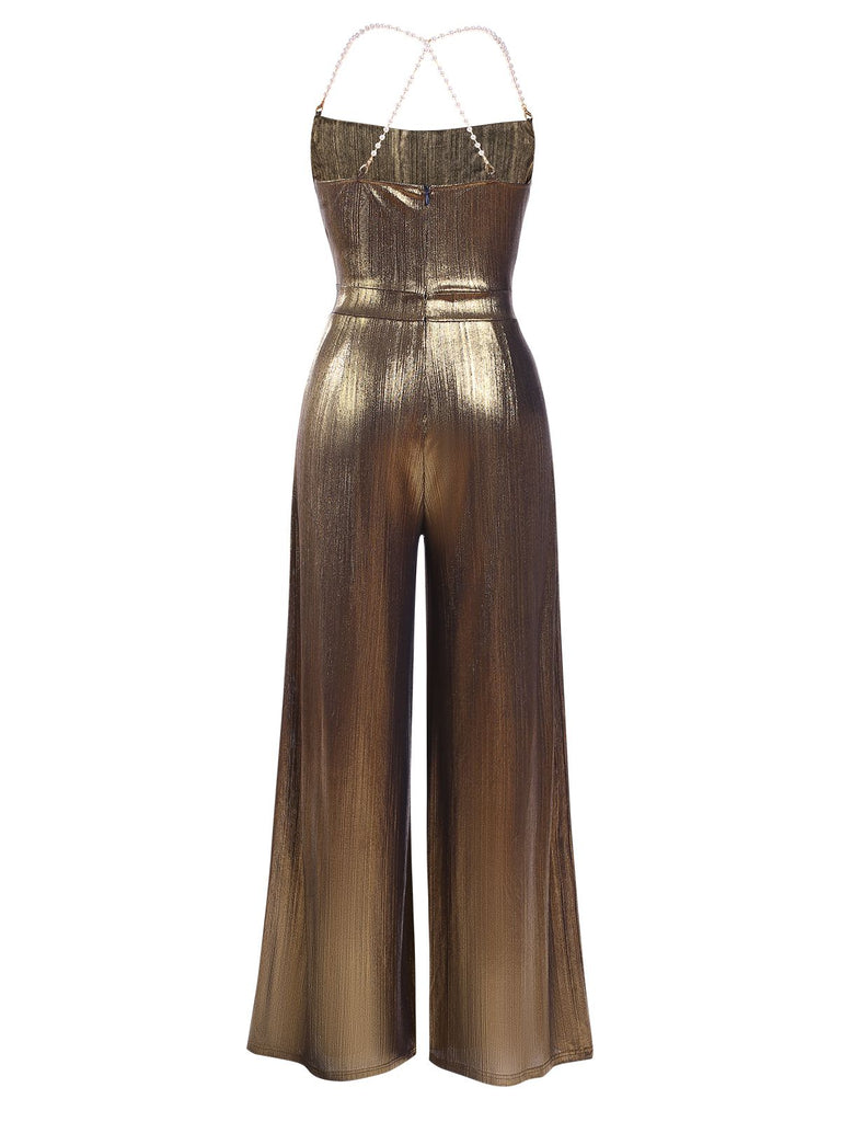 Disco outfit Metallic Gold 1980er Wasserfallkragen Spaghetti Träger Jumpsuit