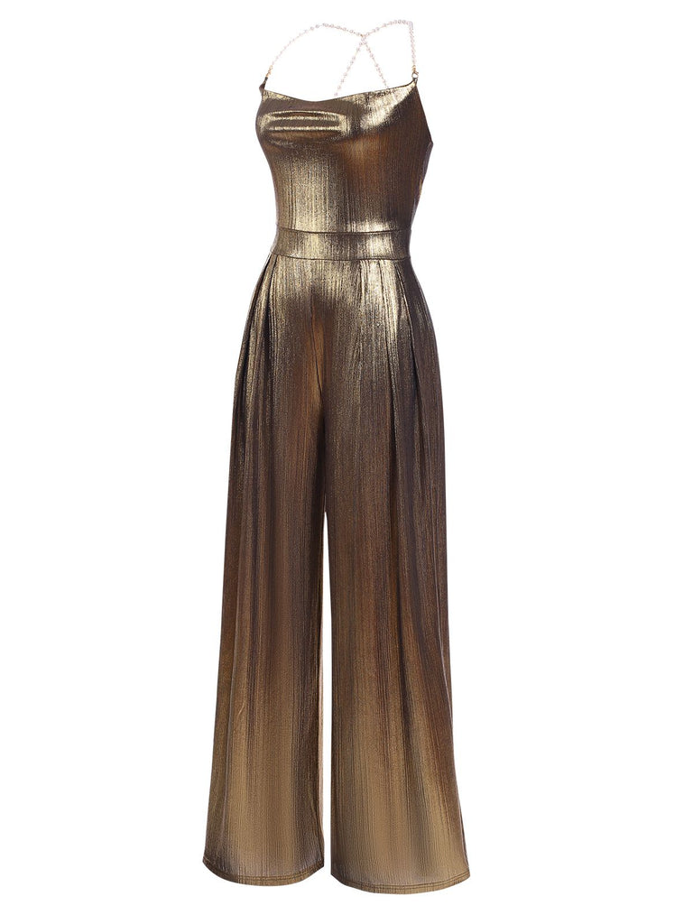 Disco outfit Metallic Gold 1980er Wasserfallkragen Spaghetti Träger Jumpsuit