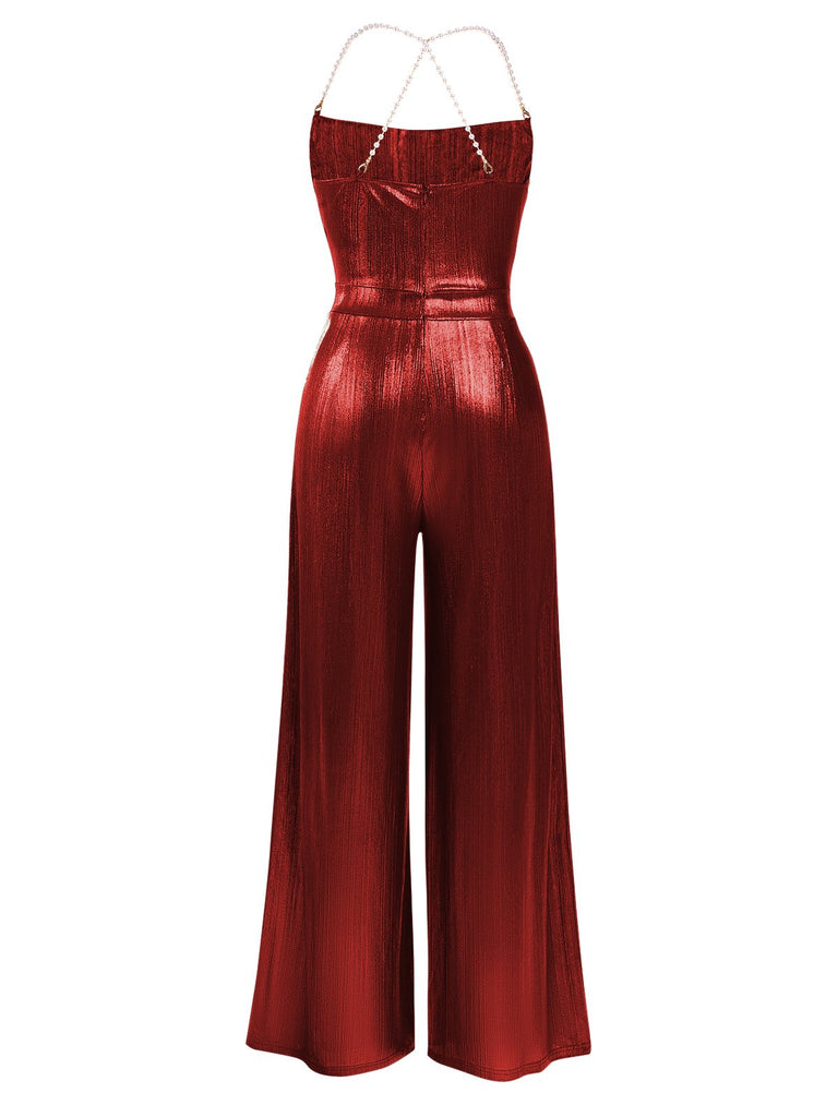 Disco outfit Metallic Gold 1980er Wasserfallkragen Spaghetti Träger Jumpsuit