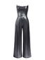 Disco outfit Metallic Grau 1980er Wasserfallkragen Spaghetti Träger Jumpsuit