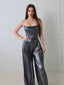 Disco outfit Metallic Grau 1980er Wasserfallkragen Spaghetti Träger Jumpsuit
