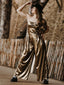 Disco outfit Metallic Gold 1980er Wasserfallkragen Spaghetti Träger Jumpsuit