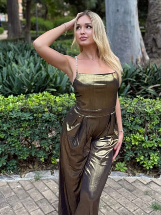 Disco outfit Metallic Gold 1980er Wasserfallkragen Spaghetti Träger Jumpsuit