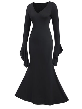 Schwarz 1930er Gothic Morticia Addams Dolman-Ärmel Fischschwanz Kleid