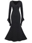 Schwarz 1930er Gothic Morticia Addams Dolman-Ärmel Fischschwanz Kleid