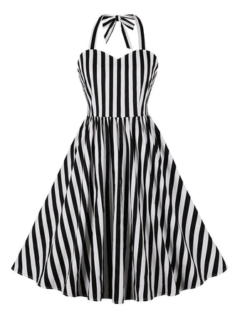 Schwarz 1950er Vertical Streifen Halter Kleid