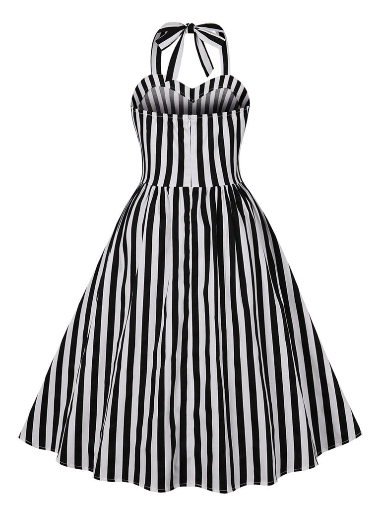 Schwarz 1950er Vertical Streifen Halter Kleid