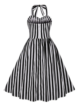 Schwarz 1950er Vertical Streifen Halter Kleid