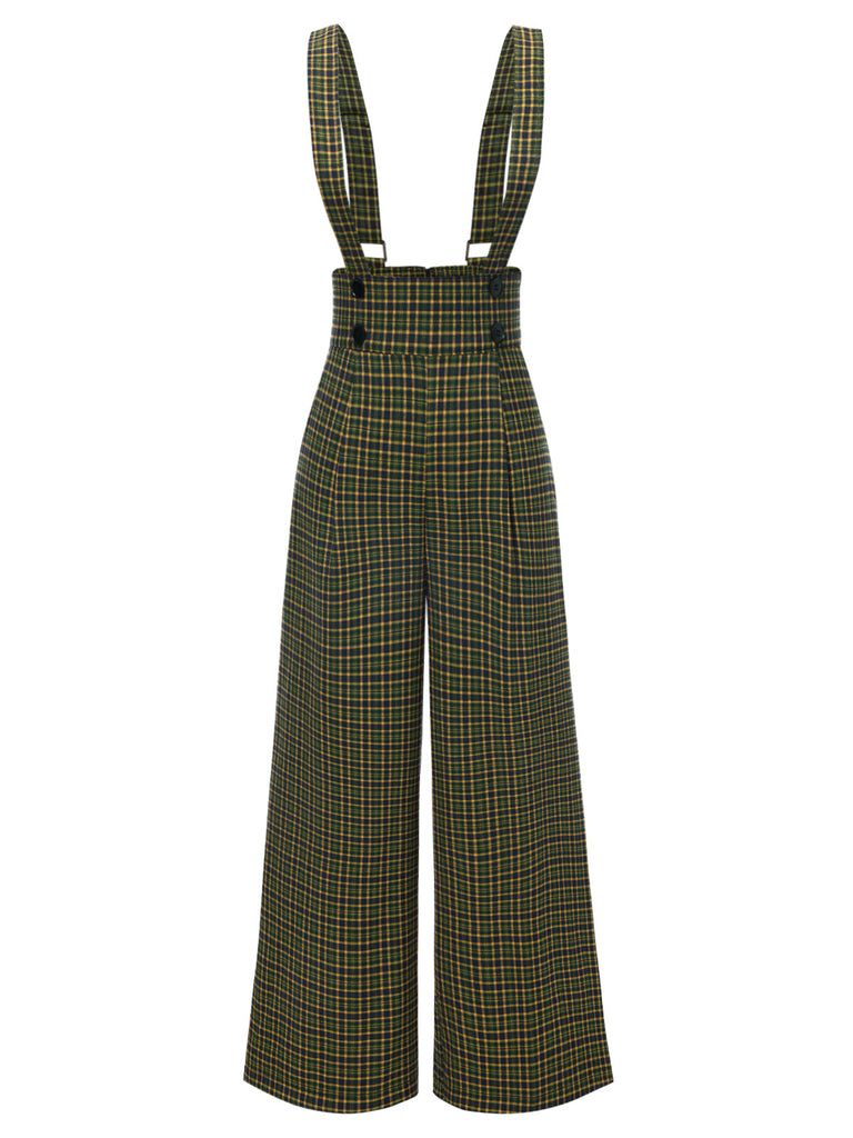 Grau 1940er Glen Plaid Geknöpft Overall Hose