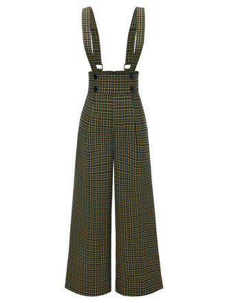 [Vorverkauf] Grün 1940er Glen Plaid Geknöpft Overall Hosen