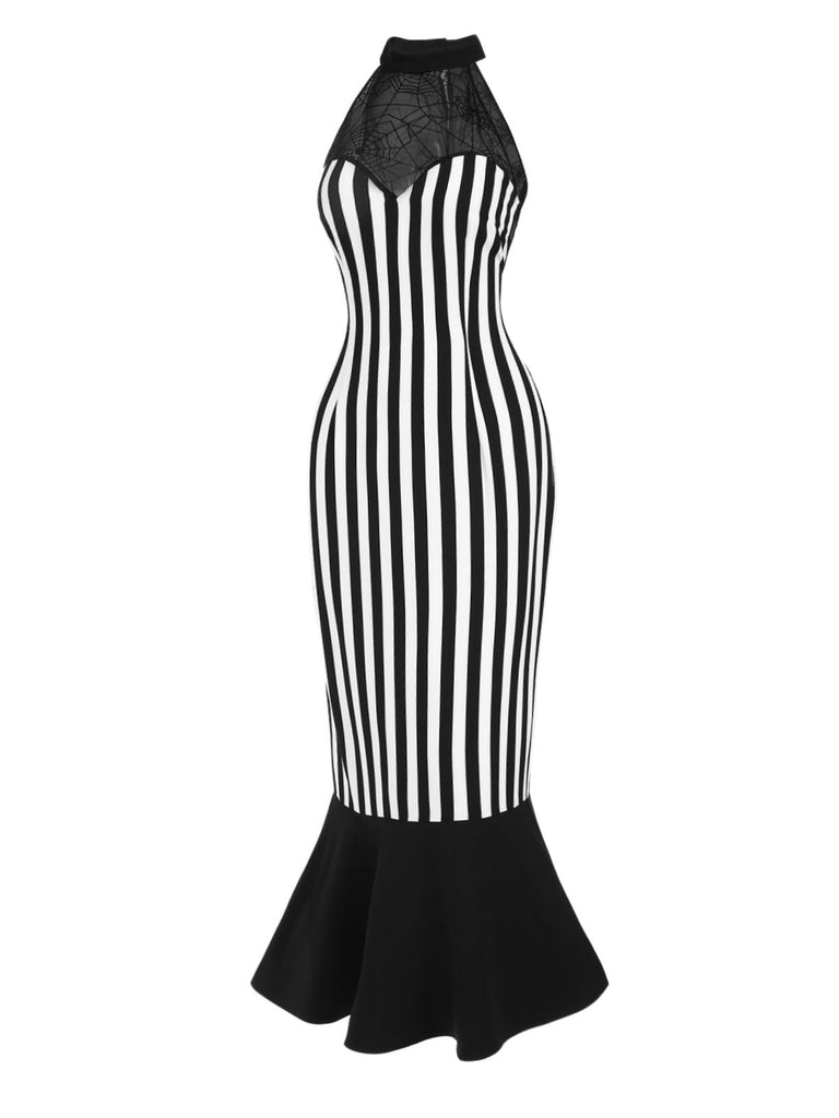 Schwarz 1930er Beetlejuice Kostüm Spinnennetz Streifen Fischschwanz Kleid