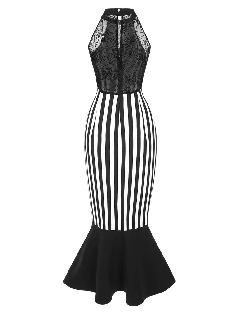 Schwarz 1930er Beetlejuice Kostüm Spinnennetz Streifen Fischschwanz Kleid