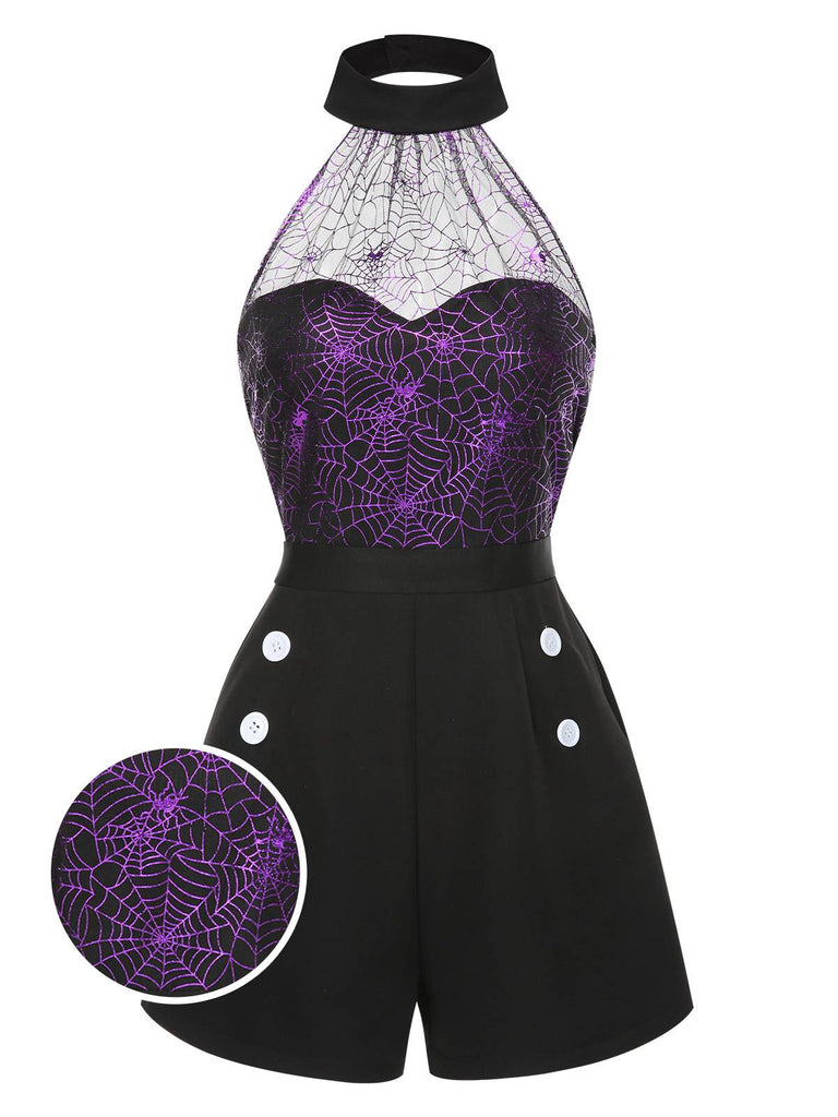 Schwarz 1950er Halloween Spinnennetz Masche Halter Romper