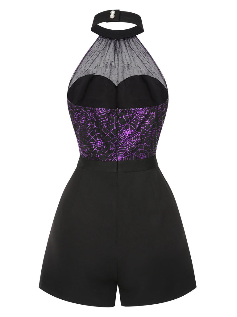 Schwarz 1950er Halloween Spinnennetz Masche Halter Romper