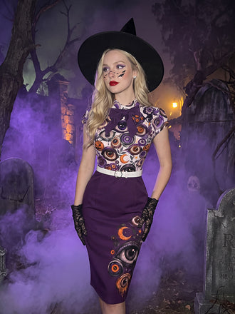 [Vorverkauf] Mehrfarbiges 60er Halloween Bodycon-Kleid mit Augen und Gürtel