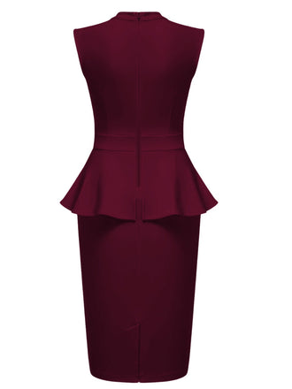 Weinrotes 1960er Rundhals Patchwork Wickel Ärmelloses Kleid