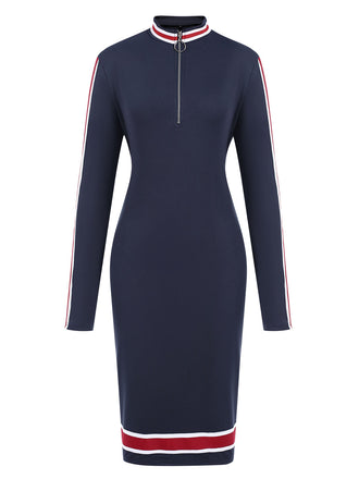 Tiefblau 1960er Streifen Reißverschluss Lange Ärmel Kleid