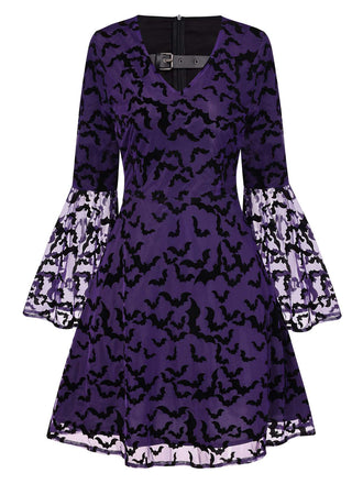 Lila 1960er Fledermäuse Masche Glockenärmel Kleid