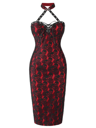 [Vorverkauf] Rot 1970er Gothic Schädel Halter Bleistift Kleid
