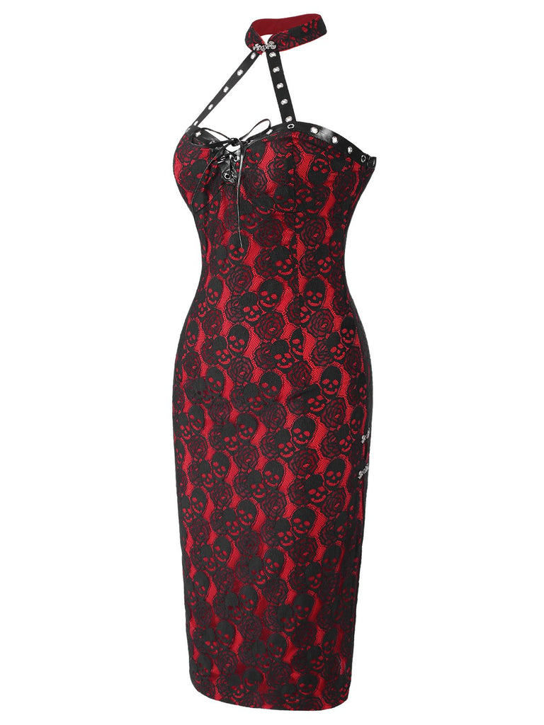 [Vorverkauf] Rot 1970er Gothic Schädel Halter Bleistift Kleid