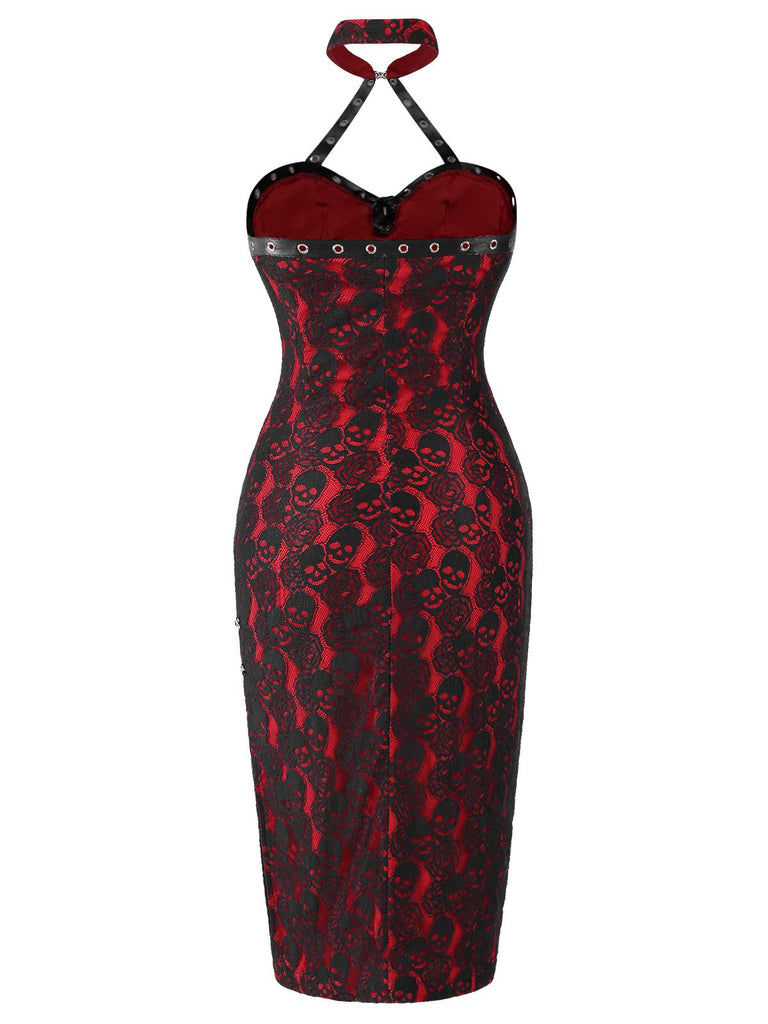 [Vorverkauf] Rot 1970er Gothic Schädel Halter Bleistift Kleid
