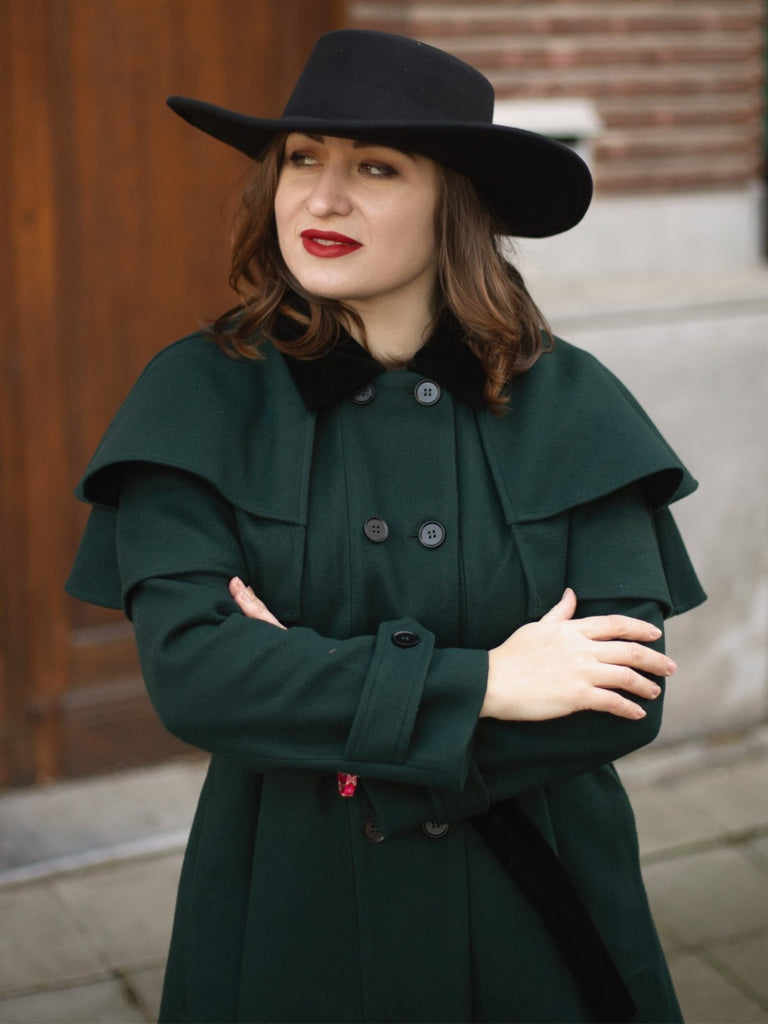 Grün 1930er Zweireihig Gürtel Mantel Mit Umhang