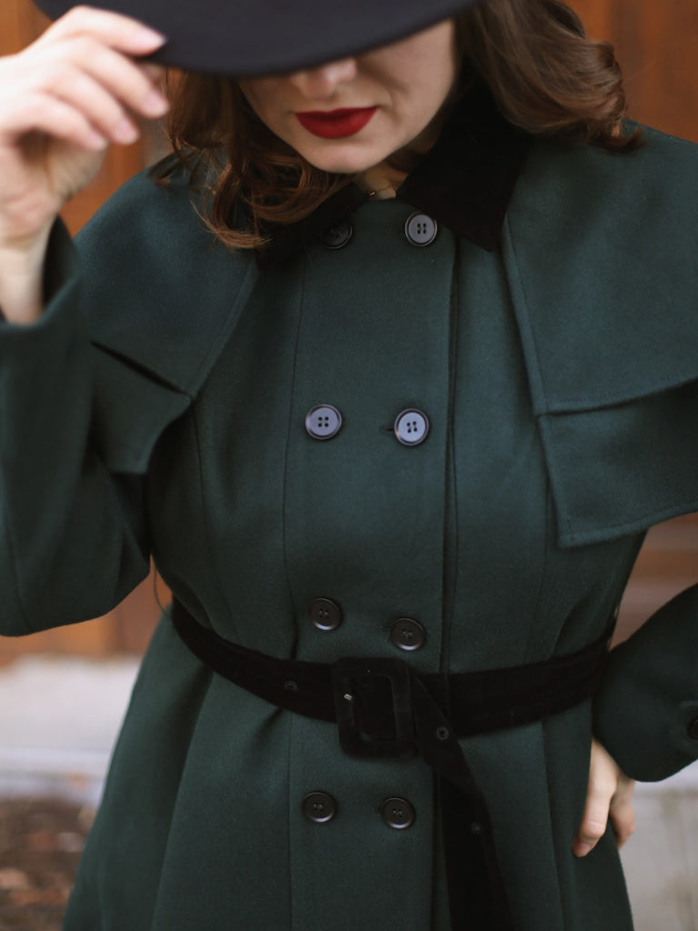 Grün 1930er Zweireihig Gürtel Mantel Mit Umhang