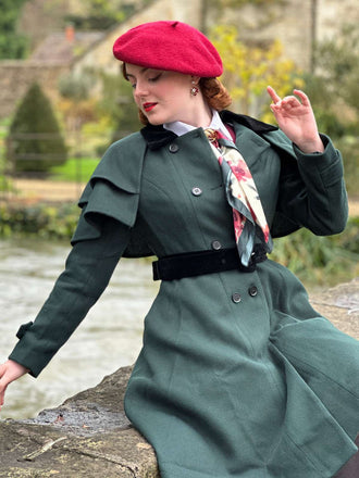 Grün 1930er Zweireihig Gürtel Mantel Mit Umhang