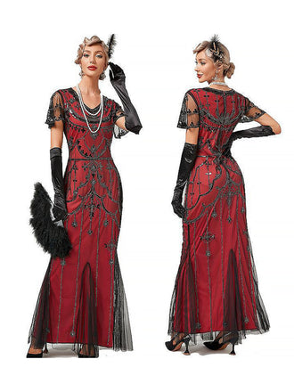 Schwarz 1920er Pailletten Maschen Abendkleid im Meerjungfrauen-Stil
